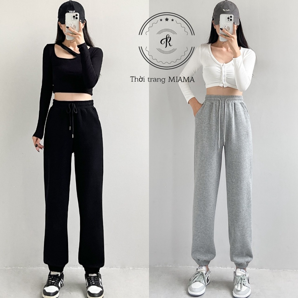 Quần Jogger nỉ nữ thể thao bo gấu ống rộng cạp chun Unisex dáng Ullzang vải da cá dày Quần nỉ nữ dây rút mặc gym ở nhà