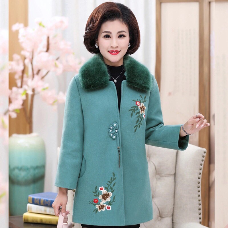 Áo Khoác dạ cổ lông trung tuổi cổ lông thời trang thu đông Quảng Châu Cao Cấp