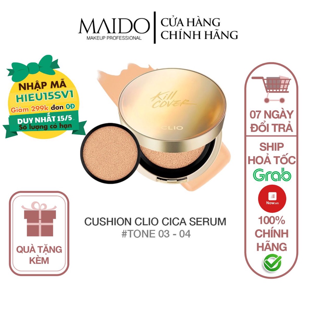 Phấn nước Clio Kill Cover Cica Serum Cushion mịn da che khuyết điểm chứa serum dưỡng ẩm làm dịu da MAIDO COSMETICS