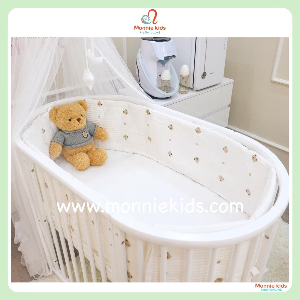 Quây cũi gấu thêu cho bé, bộ quây cũi họa tiết an toàn cho trẻ - Monnie Kids