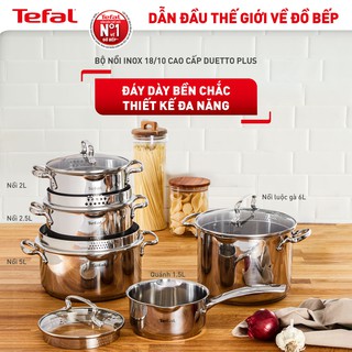Bộ 5 nồi Inox cao cấp Tefal Duetto Plus (quánh 16cm, nồi hầm 18/20/24 cm, nồi luộc gà 22cm)