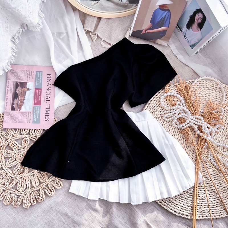 Hình thật - Set áo peplum lệch vai + chân váy xoè trắng sang chảnh, dê phối đồ
