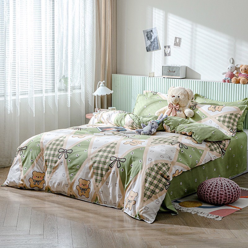 Bộ vỏ chăn ga gối cotton poly nhập khẩu _ chăn ga Hàn Quốc họa tiết gấu xanh_miễn phí bo chun theo size nệm