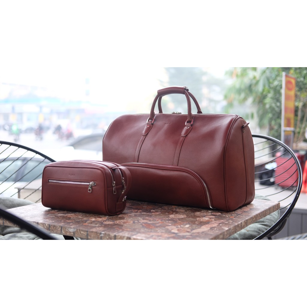 LYON-Túi trống du lịch MINK Leather có ngăn để giày tiện lợi da bò thật nguyên tấm lớp 1 cao cấp màu Nâu caramen IO86-20