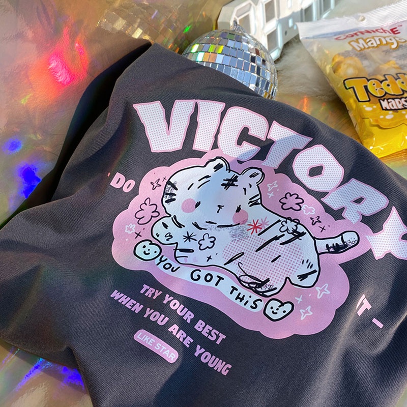 NRVP Áo thun tay ngắn cổ tròn in hình mèo 100% từ cotton thời trang phong cách Hàn Quốc cho nữ