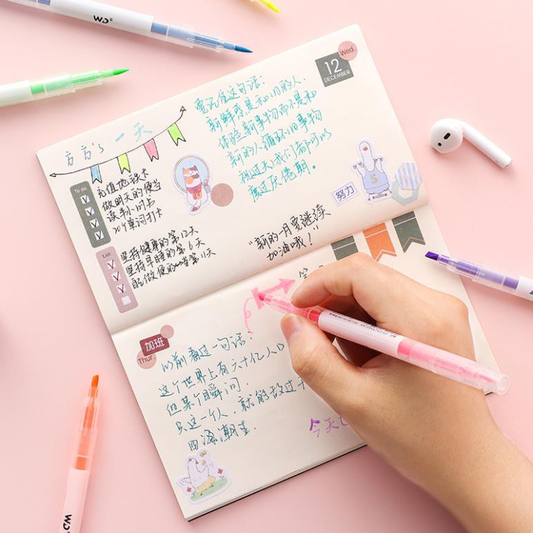 Bút highlight pastel dạ quang 2 đầu Lyawn, bút đánh dấu nhớ dòng cute nhiều màu marker dễ thương B05