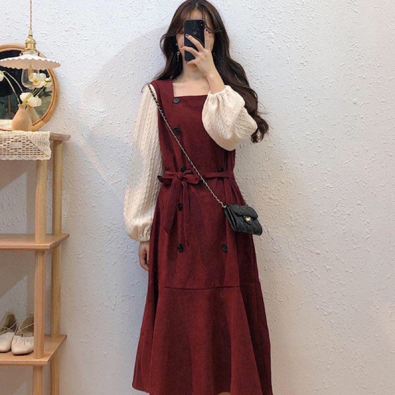 Đầm Nhung phối tay len retro, chiết eo dây đai đầm thu đông hàng loại 1 .Kèm ảnh thật video shop chụp thực tế .