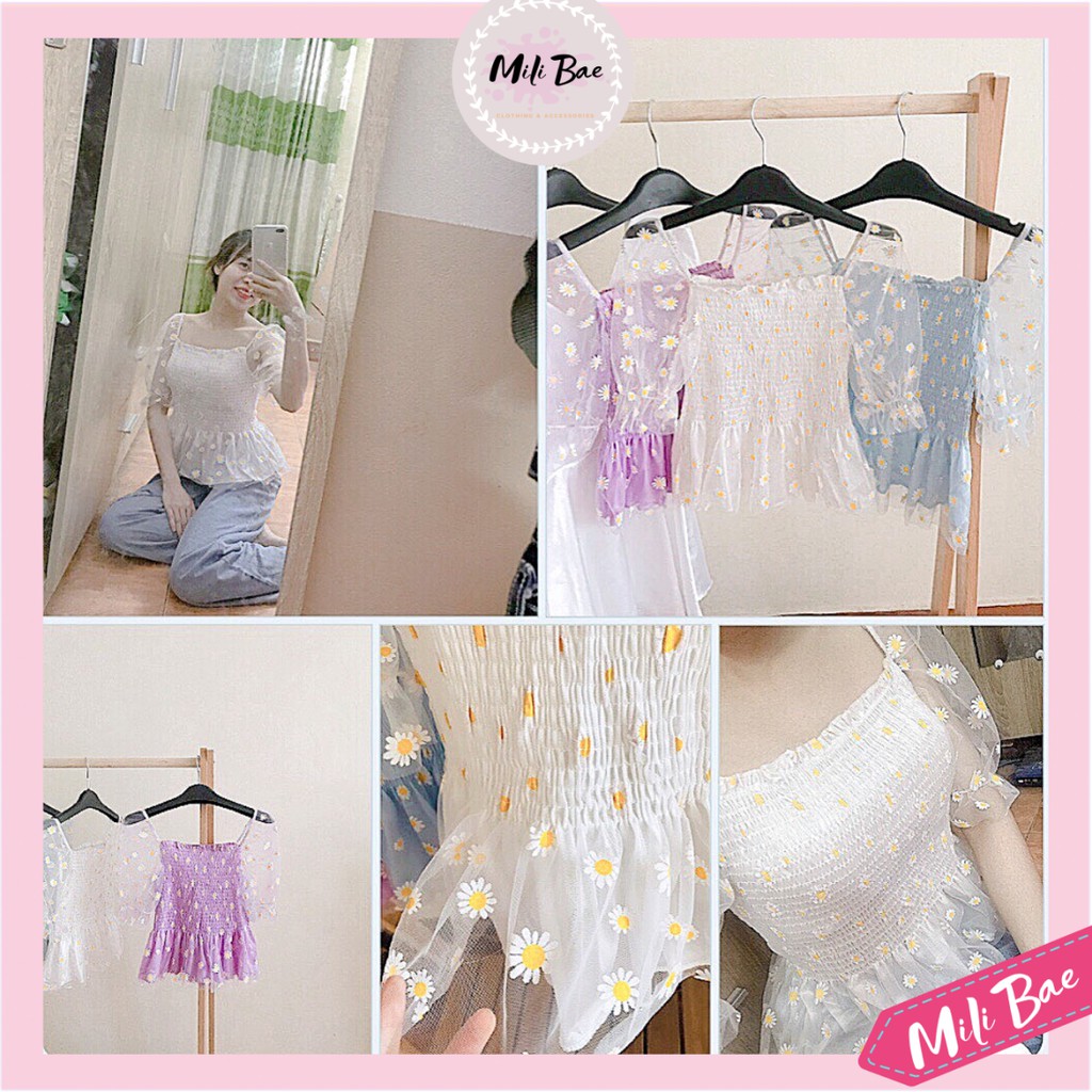 Áo Nữ, Áo Voan Hoa Cúc Vintage Nhúng Thun Co Giãn Ôm Body Siêu Đỉnh Hottrend Mili Bae Store (ảnh clip cận chất thật)
