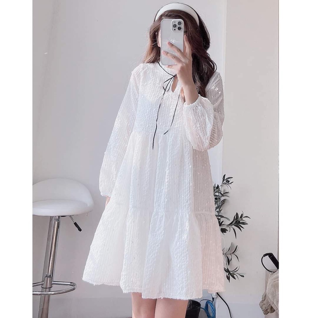 Đầm babydoll ulzzang trắng dài tay, Váy nữ bánh bèo tiểu thư dáng suông xinh xắn