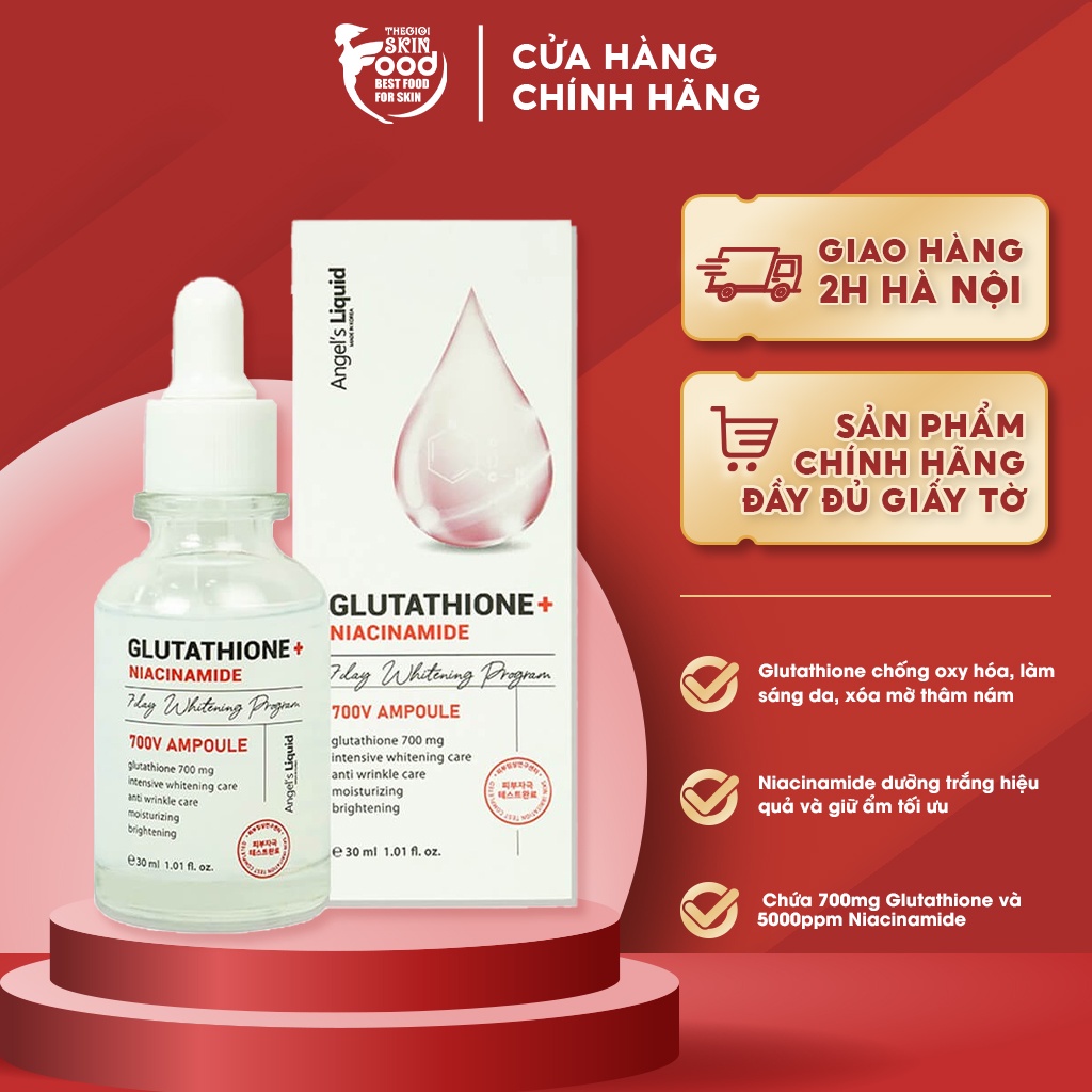 Tinh Chất Truyền Trắng Hỗ Trợ Mờ Nám Chuyên Sâu Angel's Liquid Glutathione + Niacinamide 700 V-Ampoule 30ml