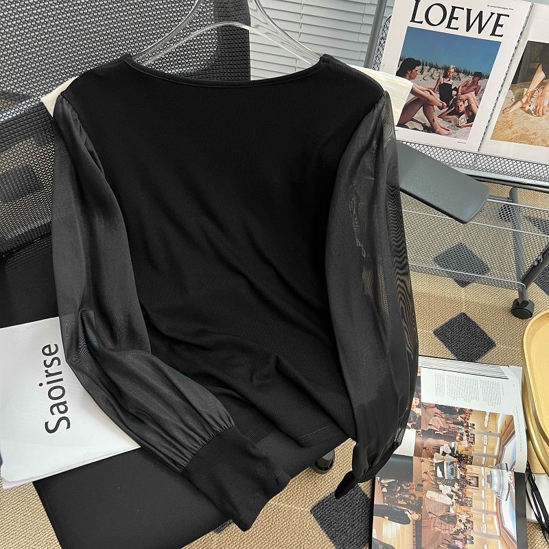 Áo Sơ Mi Nữ Tay Dài Cổ Vuông Viền Lá Sen Thời Trang Hàn Quốc Mới