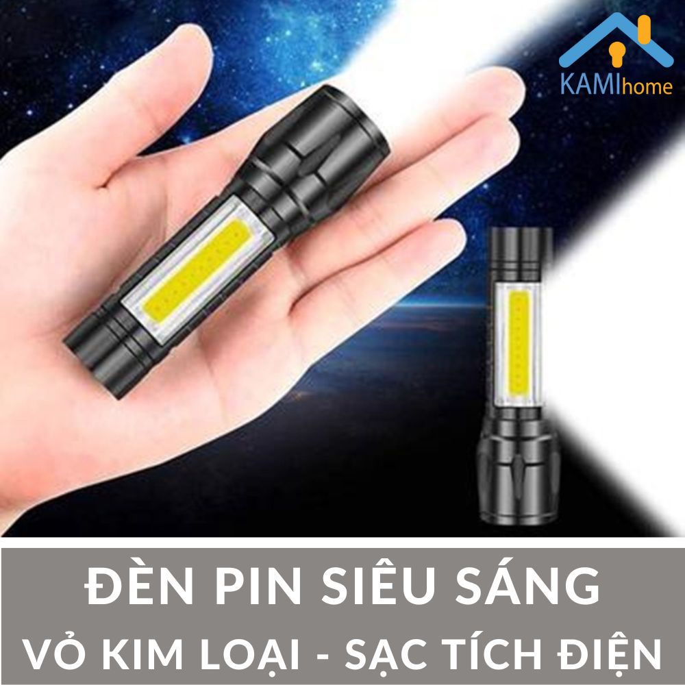 Đèn pin mini siêu sáng sạc tích điện vỏ kim loại có đèn led phụ KM38037