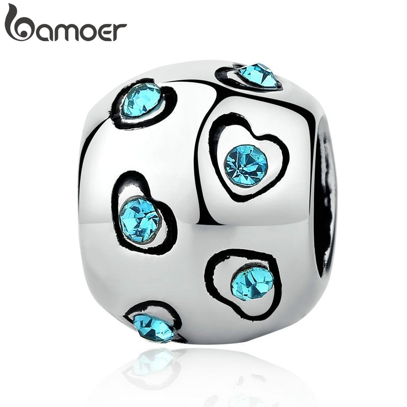 Hạt phụ kiện xỏ vòng tay Bamoer Pa5320 bằng bạc 925 đính đá màu xanh dương hình trái tim làm trang sức