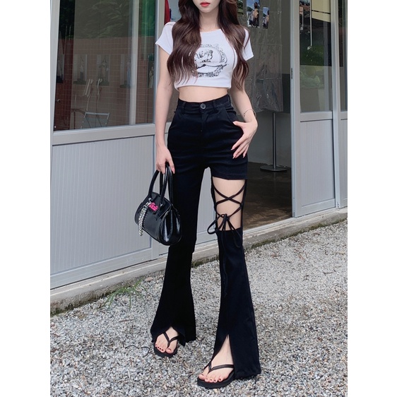 Quần Dài Lưng Cao Màu Đen Thiết Kế Xẻ Rách Cá Tính