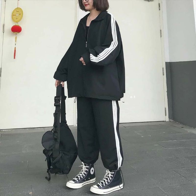 [Rẻ Vô Địch] Áo cotton tay lỡ Unisex  mặc đôi ,nhóm , lớp------ BỘ NỈ  THÊU TAY VIỀN RÓT QUẦN 3 SỌC RÚT GẤU | BigBuy360 - bigbuy360.vn