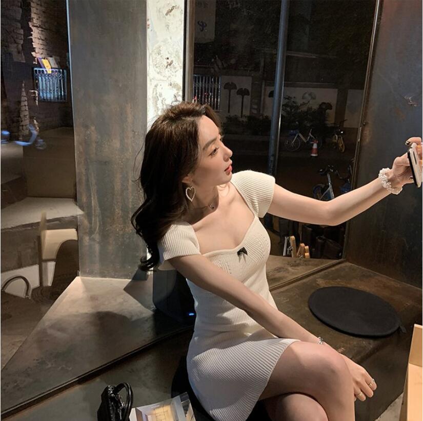 SUXI Đầm cổ vuông màu trơn phong cách retro pháp thanh lịch dành cho nữ