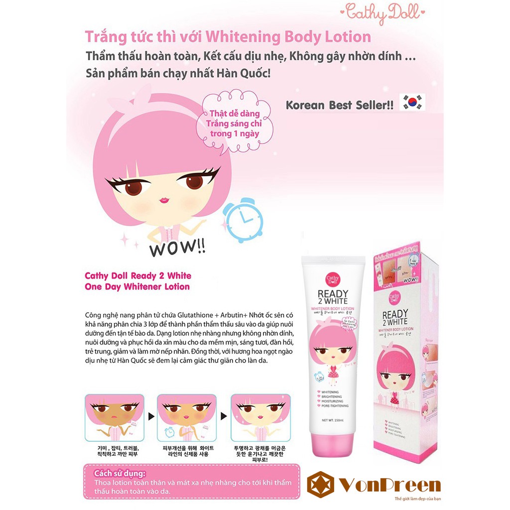 Kem Dưỡng Trắng Da Và Make Up Body Ready 2 White CATHY DOLL , Thái Lan Chính Hãng 150ml