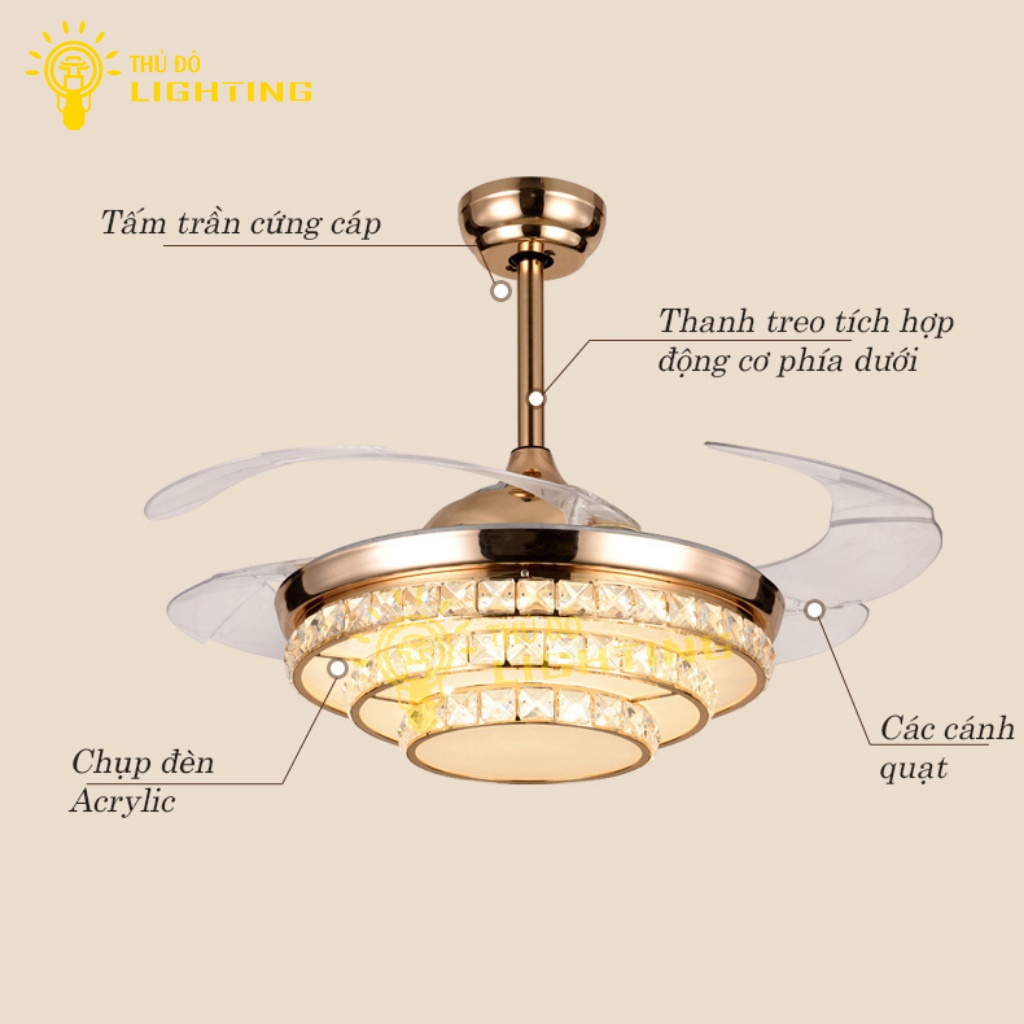 Quạt Trần Đèn Chùm Phòng Khách THỦ ĐÔ LIGHTING 3 Chế Độ Gió Và Ánh Sáng Điều Chính Từ Xa, Có Hẹn Giờ