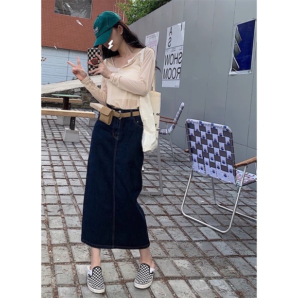 Chân váy bò dài xanh đậm