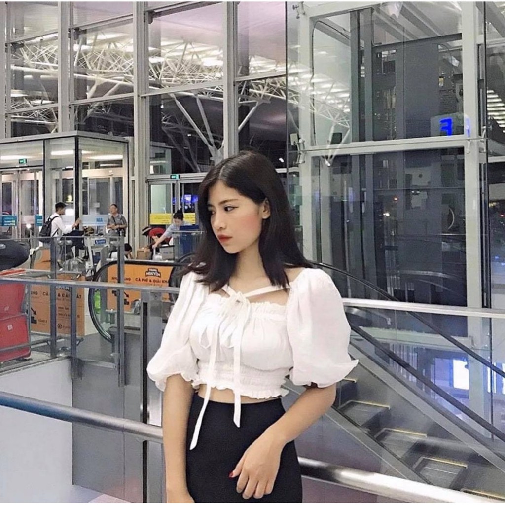 Áo Croptop Chun Eo Thắt Dây Trước Ngực VINA (TRẮNG)