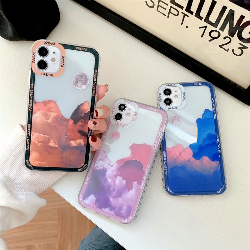 Ốp Điện Thoại Mềm Chống Sốc Họa Tiết Đám Mây Và Mặt Trăng Phong Cách Retro Cho iPhone 13 11 12 Pro Max X XR XS 7 8 Plus