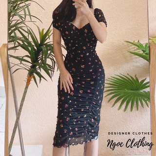 Váy body dây rút ngocclothing nữ đầm dài dáng ôm hoạ tiết hoa nhí