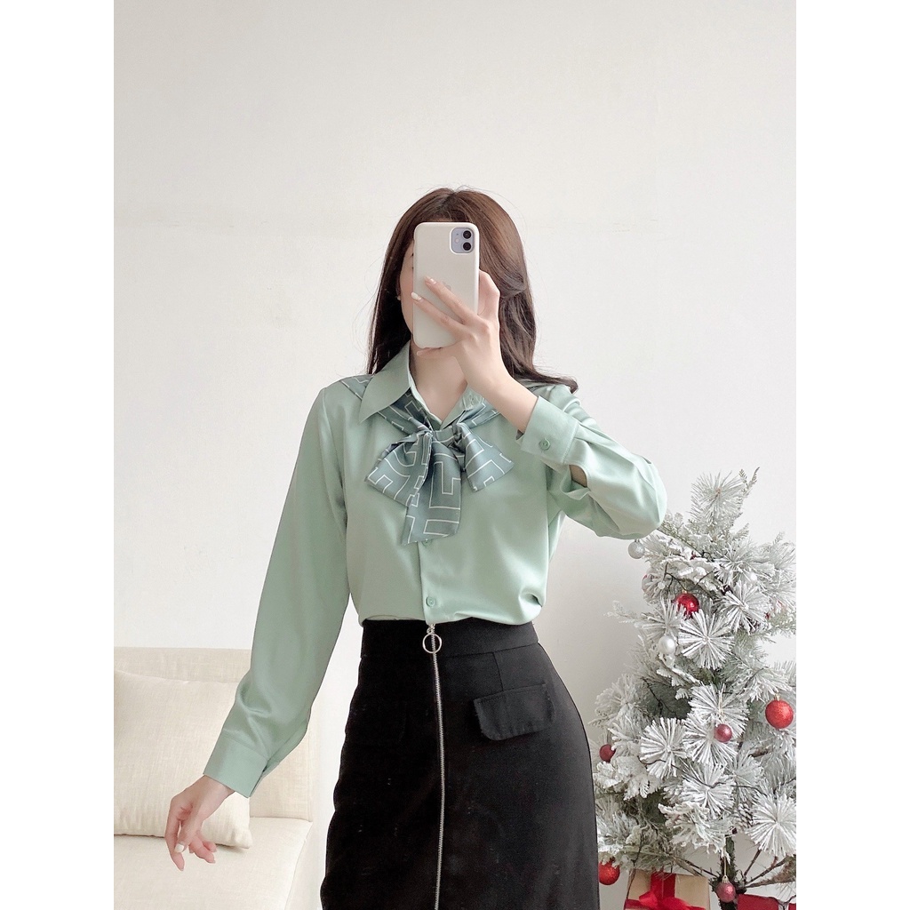 Áo sơ mi cổ đức khăn lụa, áo công sở thiết kế dáng suông dài tay A935 KYMIE