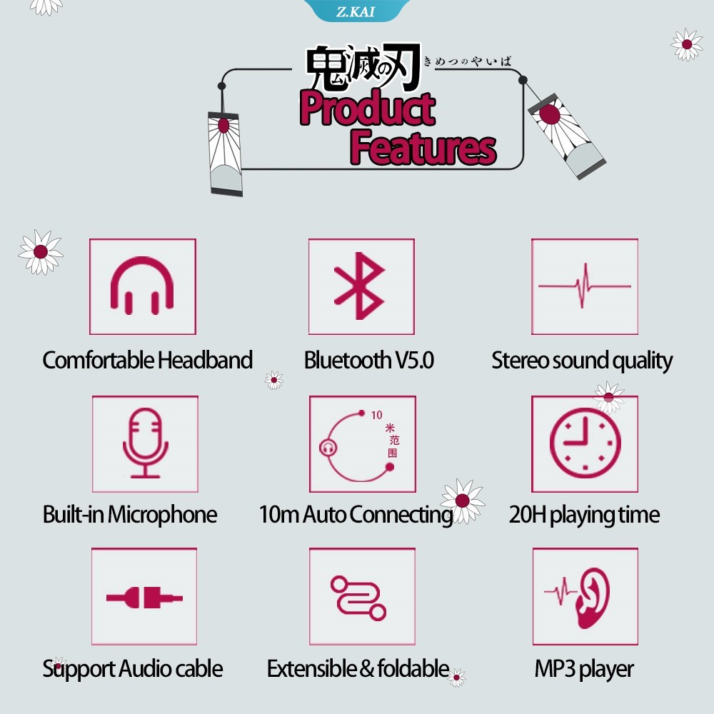 Tai Nghe Bluetooth V5.0 Hóa Trang Kimetsu Kamado Tanjirou Phong Cách Anime Nhật Bản Có Micro Hỗ Trợ Thẻ TF