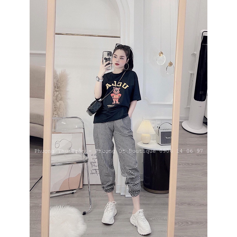 [ SIÊU PHẨM 2022 ] BỘ NỮ ÁO ĐEN GẤU UCLA QUẦN BOM KẺ CARO - ZADOLA FASHION