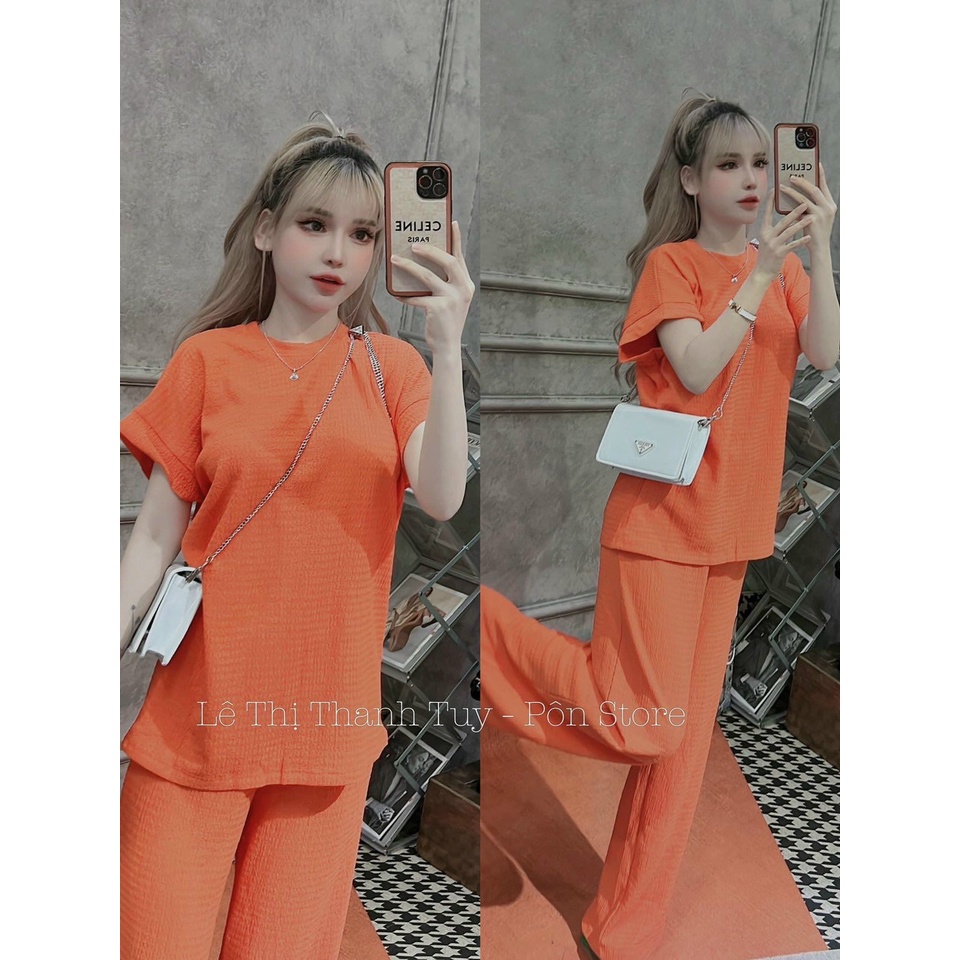 Sét bộ thời trang nữ mặc đi chơi chất thun xốp áo tay ngắn cổ tròn mix quần dài ống suông y hình 100%