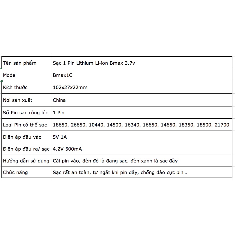 [S9] Sạc 1 cell pin Bmax Loại tốt 18650,  26650, 21700  Loại tốt 3.7v 4.2v thông minh, an toàn tự ngắt khi đầy
