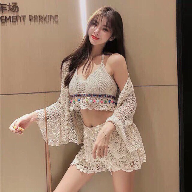 Set 3 món ren hoa bikini siêu hot - Bra thổ cẩm