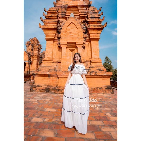 MOON BOHO - SET MAXI TRẮNG TRỄ VAI VIỀN ĐEN