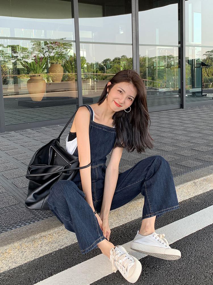 Quần yếm jeans eo cao trẻ trung tinh nghịch cho nữ