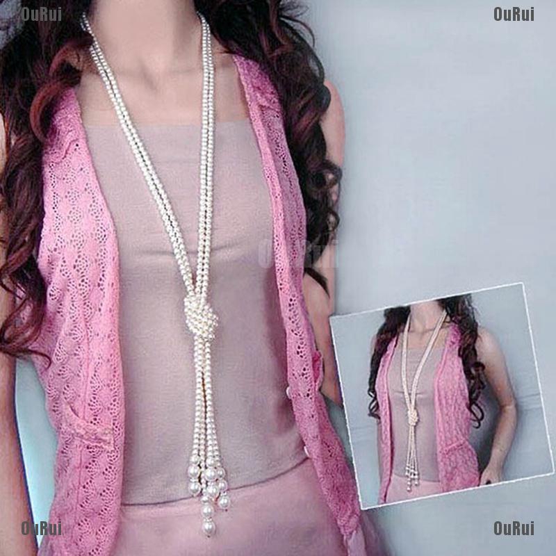 (FCC) Vòng cổ Dài Tua Rua Đính Hạt Ngọc Trai Thanh Lịch