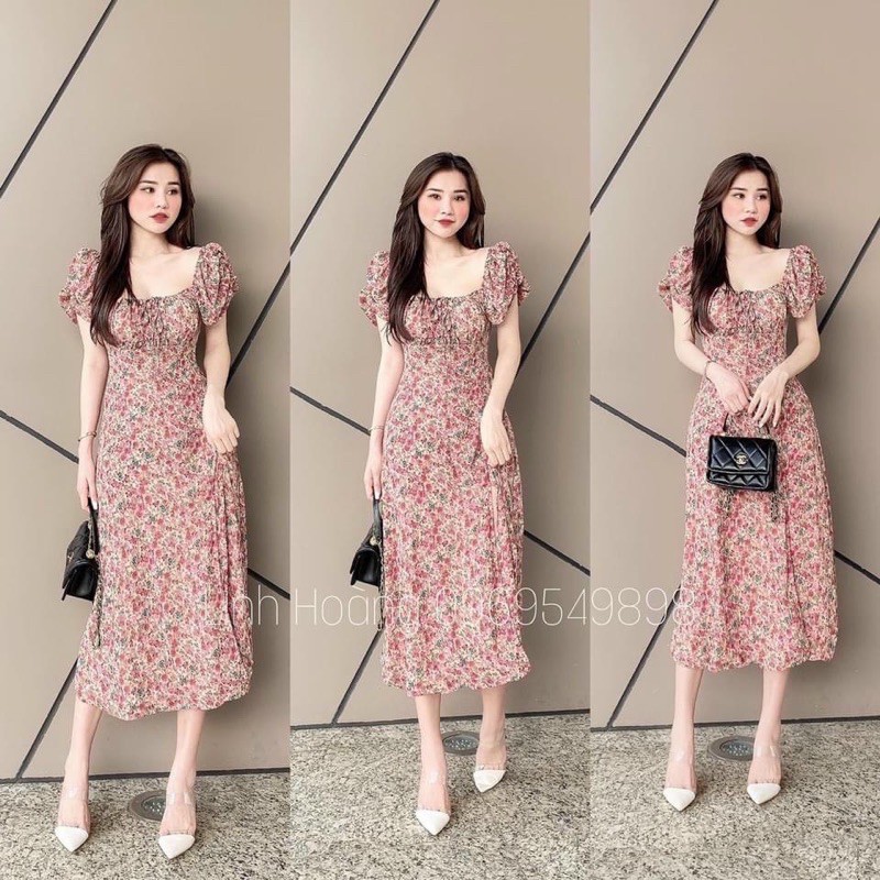 váy hoa rút ngực xẻ tà có mút ngực, Đầm hoa nhí tôn dáng xinh đẹp b90