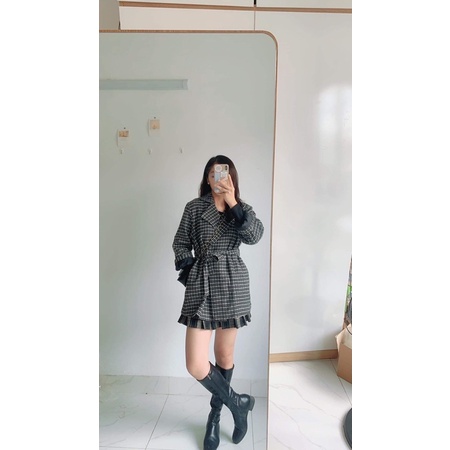 [HÀNG SẴN]ÁO KHOÁC DẠ TWEED kẻ caro kèm đai thắt eo 2 lớp cực xinh