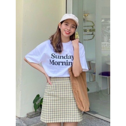 Chân váy xanh form chữ A hoạ tiết kẻ Boney skirt