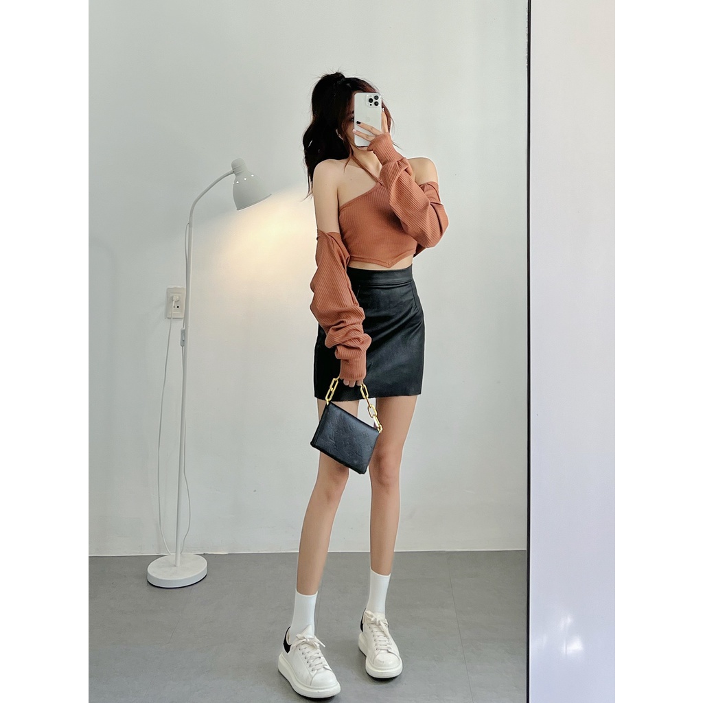 Set áo nữ tay phồng HHVINTAGE kiểu yếm rời thun gân co giãn A04