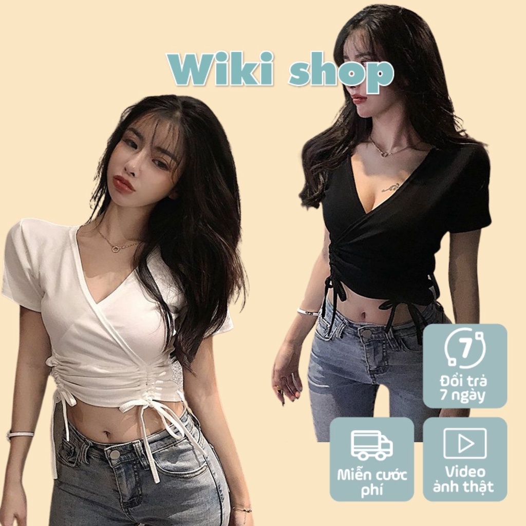 Áo thun croptop cộc tay nử cổ tim chéo ngực dây rút eo đen trắng freesize phom ôm rông dáng sexy hàn quốc C750 - Hàng mớ