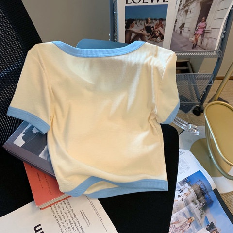 Áo thun SUXI tay ngắn cổ chữ U thêu họa tiết dễ phối đồ phong cách mùa hè thời trang cho nữ