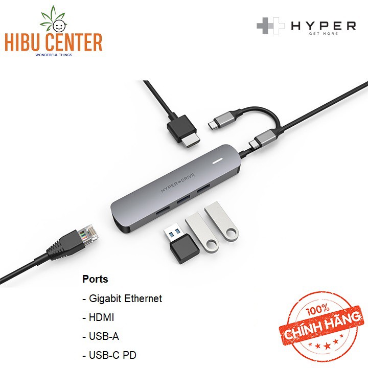 [Cho Macbook] Hub USB-C Cổng chuyển HyperDrive 4K HDMI 6-in-1 GN233B - Follow HIBUCENTER Giảm 5%