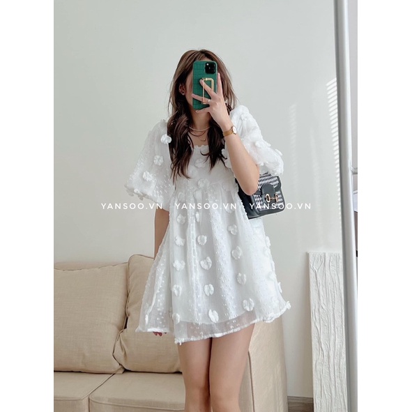 Váy babydoll trễ vai cổ vuông hoa nổi bánh bèo , váy tiểu thư tay bồng dáng xoè công chúa by YANSOO