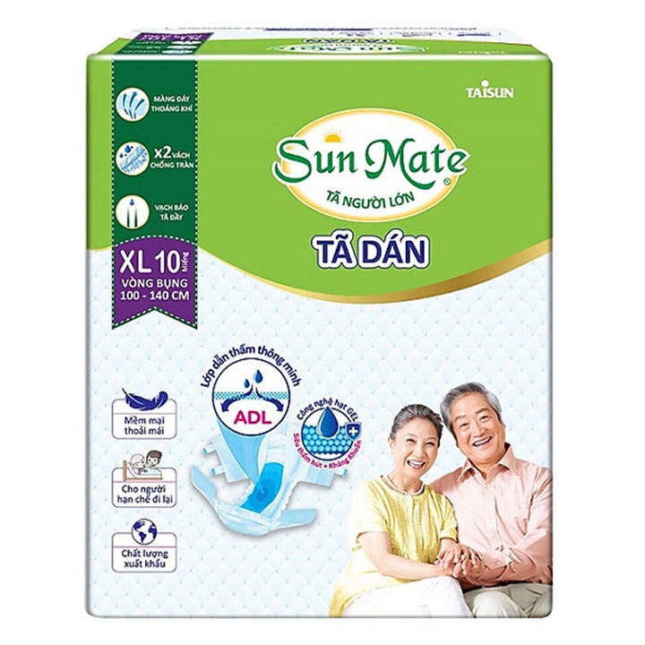  Tã Dán Người Lớn SunMate Size XL10 - Vòng Bụng 100-140cm - Bịch 10 Miếng