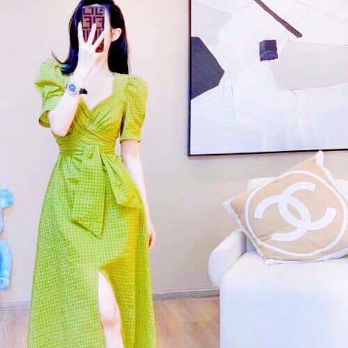 Váy nữ thiết kế dự tiệc, Đầm Midi thêu nhún ngực, xẻ tà, thắt eo trẻ trung, sang trọng, dễ thương