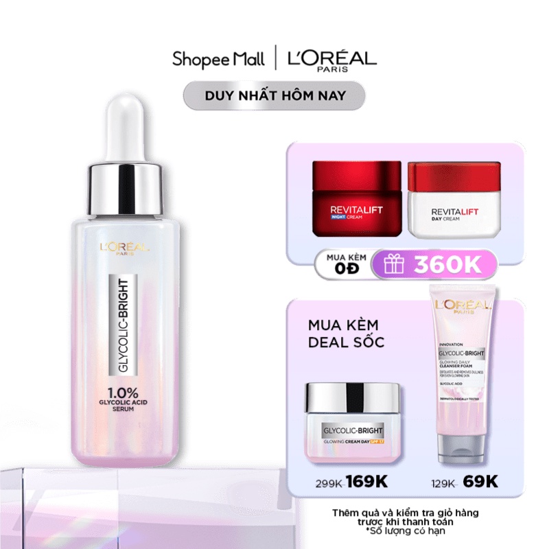 Serum dưỡng sáng mờ thâm nám L'Oreal Paris Glycolic Bright 1.0% Glycolic Acid  30ml