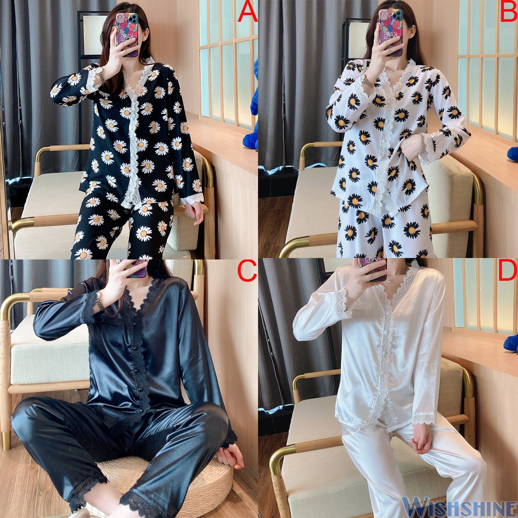 Set Đồ Ngủ Bằng Lụa Satin In Họa Tiết Hoa Cúc Dành Cho Nữ
