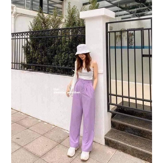 Quần ống rộng dáng dài lưng thon cúc giữa