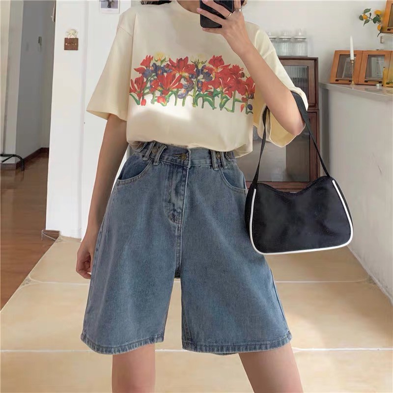 Quần short bò quần jeans ống xuông Forgirl rộng basic phối túi