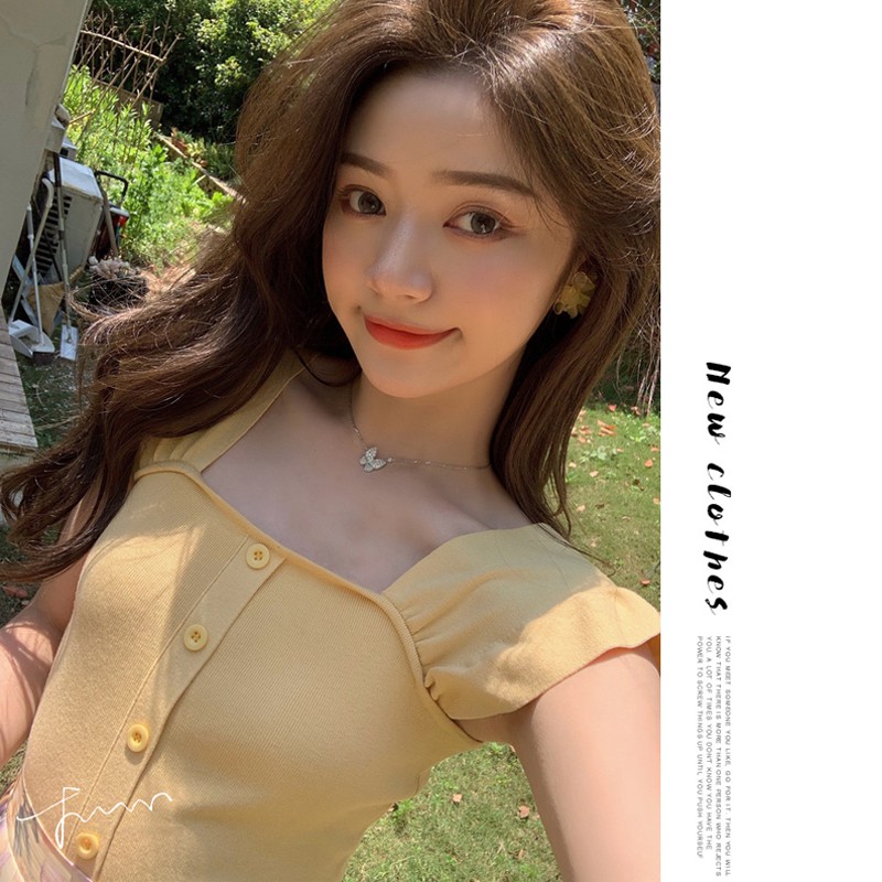 Xiaozhainv Áo dệt kim nữ tay bèo cổ vuông thiết kế một hàng nút trước